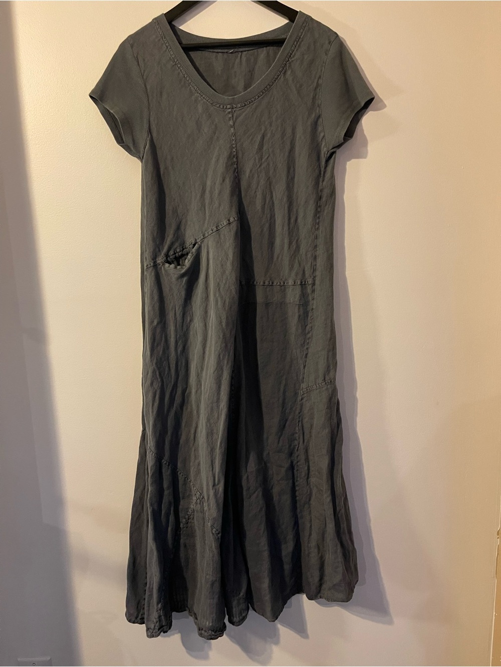 Charcoal Grey 100% Linen Short Sleeve Asymmetric Pocket Maxi Dress Made In Italy